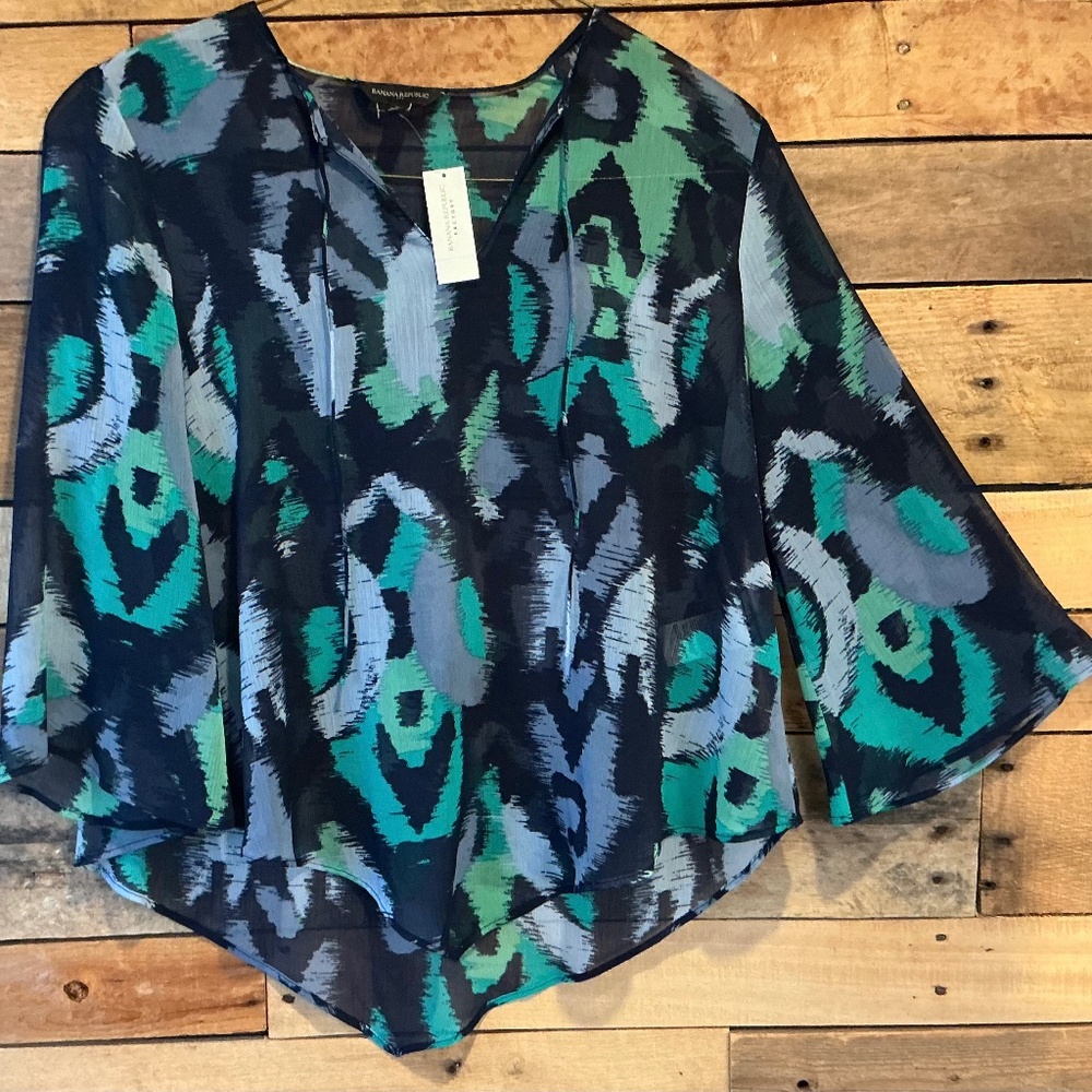 Banana Republic Ikat Sheer Blouse M Bell Sleeves Tunic Oversized Asym Boho Fairy